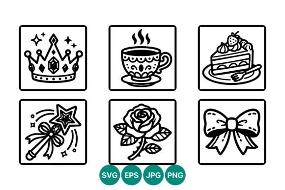 Black Line Art Crown Cup Cake Rose Bow: Graphics for Creative Design