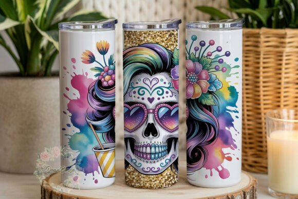 Festive Sugar Skull Glitter Tumbler Wraps Graphics