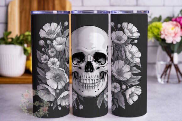 Grayscale Floral Skull 20oz Tumbler Graphics