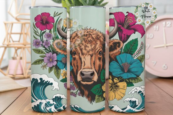 Highland Cow Floral Waves 20oz Tumbler Graphics