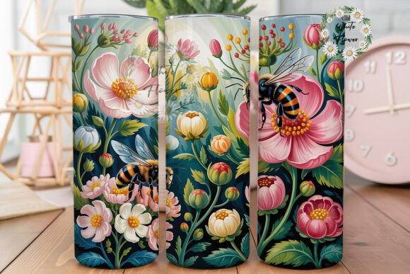 Pink Floral Bumble Bee Garden Tumbler
