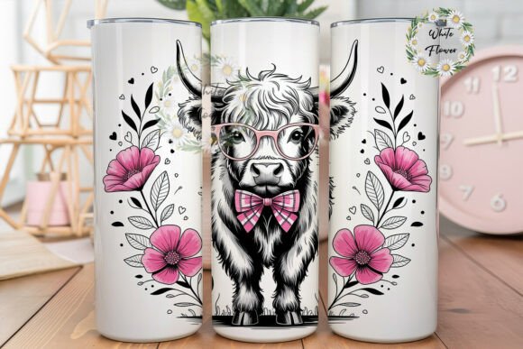 Pink Floral Highland Cow 20oz Tumbler Graphics