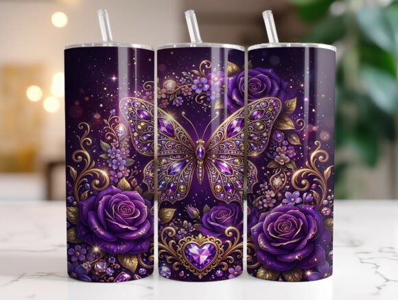 Purple Butterfly Rose Gem 20oz Tumbler