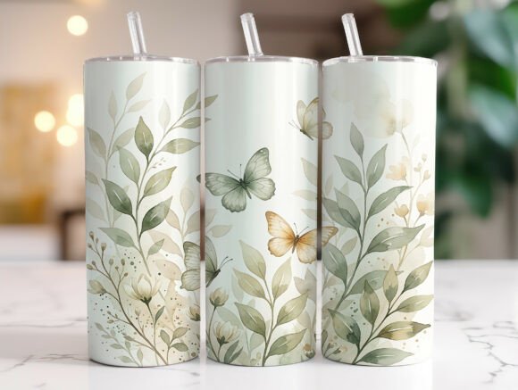 Soft Greenery Butterfly Floral Tumbler Graphics