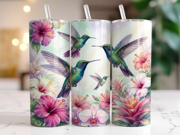 Tropical Hummingbirds Floral Tumbler PNG