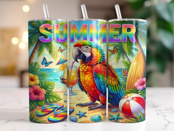 Tropical Parrot Summer PNG: Graphics & Tumbler Wraps
